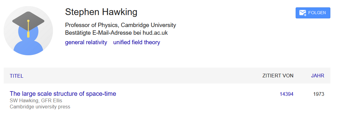 Zitation von Werk von Stephen Hawking bei Google Scholar über Autorenseite