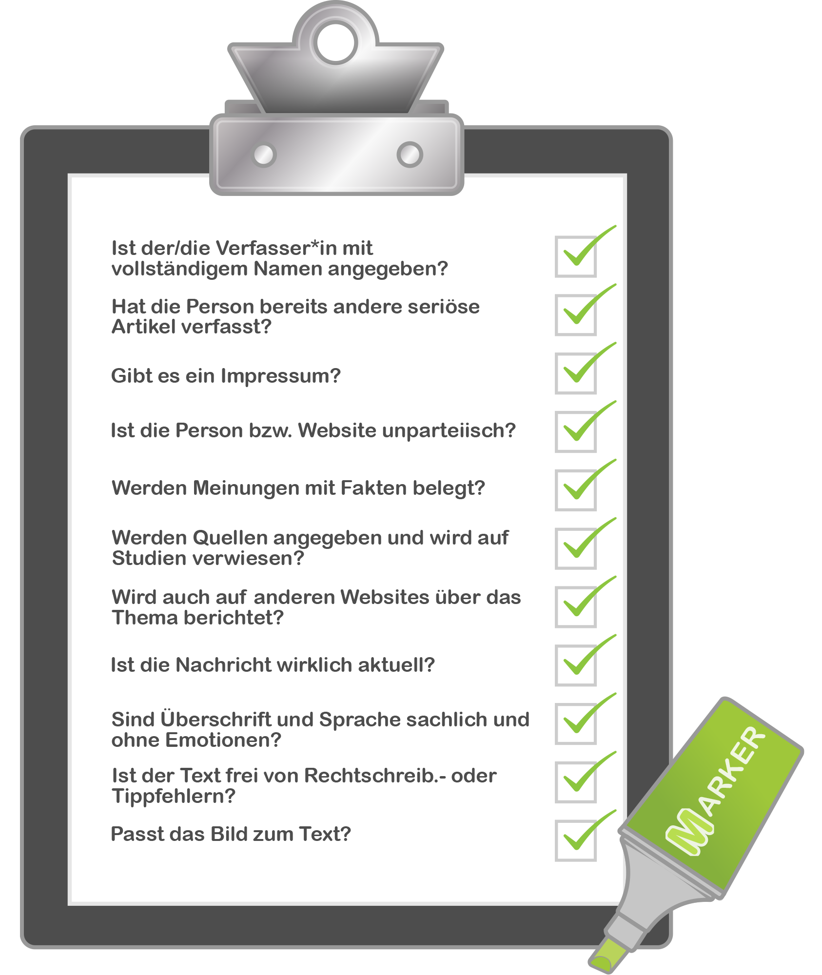 Checkliste, wie bzw. woran man Fake News erkennen kann. 