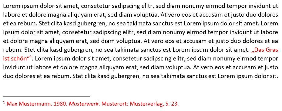 Zitieren mit Fußnoten; hinter Zitat erfolgt eine hochgestellte Fußnote, die Quellenangabe im Vollbeleg befindet sich am Ende.