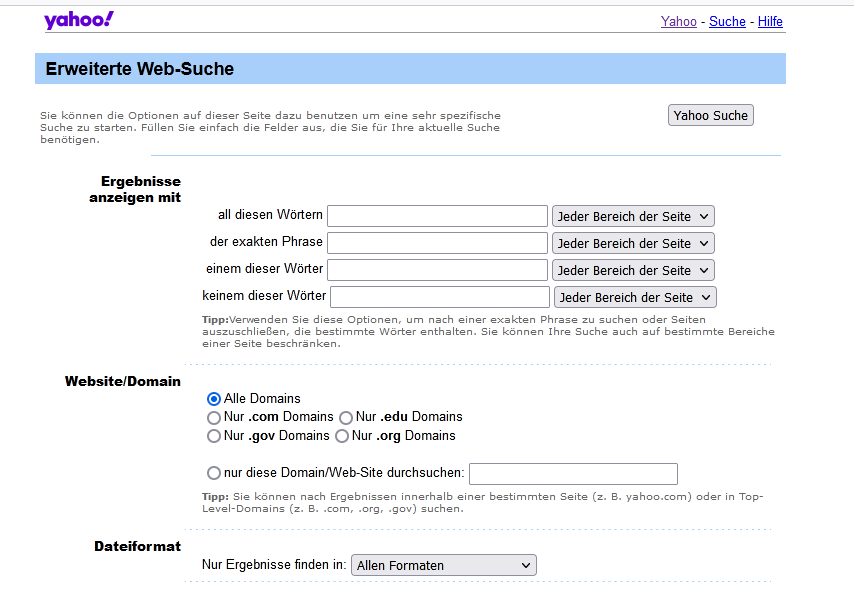 Screenshot Advanced Search Yahoo