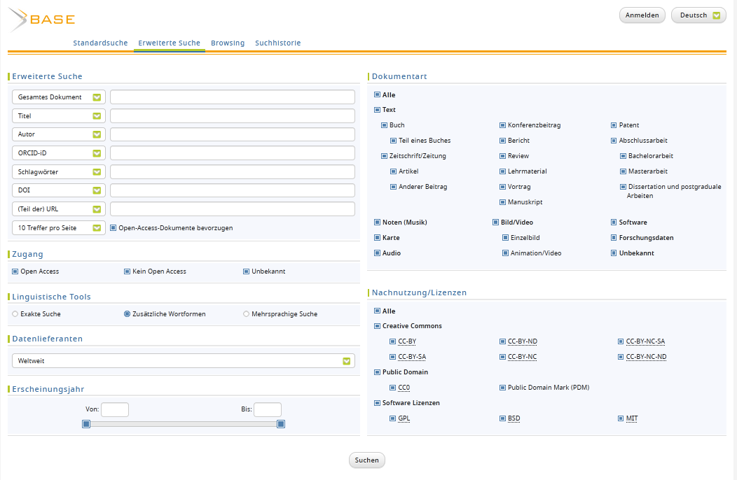 Screenshot BASE erweiterte Suche