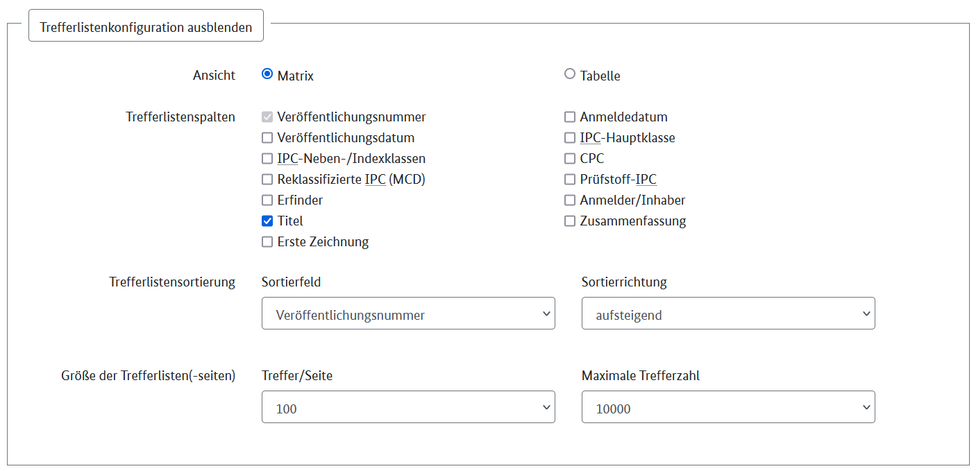 Trefferlistenkonfiguration in DEPATIS