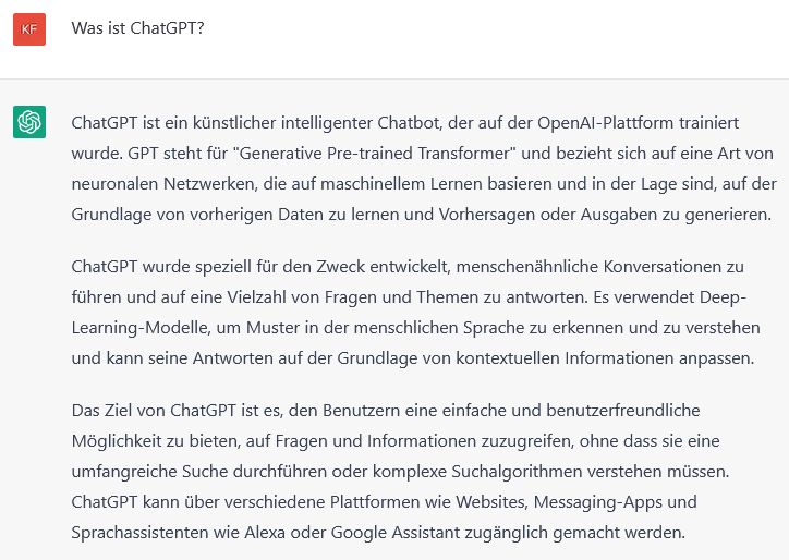 Screenshot ChatPGT zur erneuten Frage: Was ist ChatGPT?