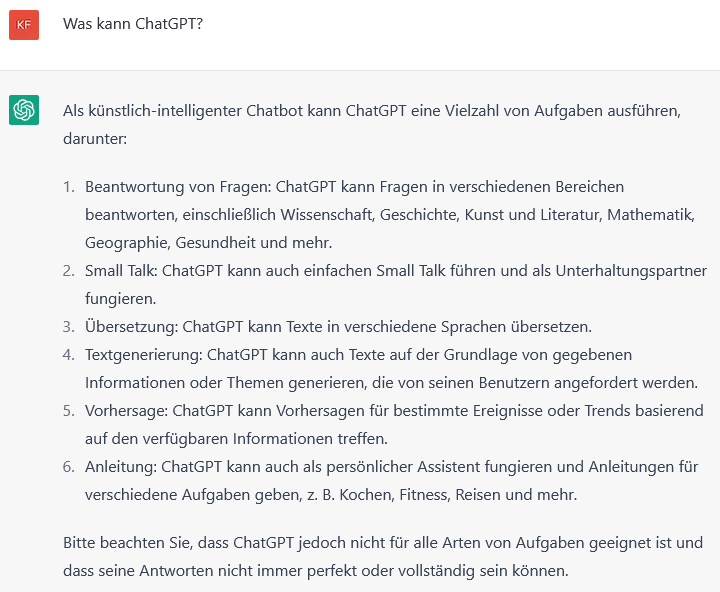 Screenshot ChatPGT zur Frage: Was kann ChatGPT?