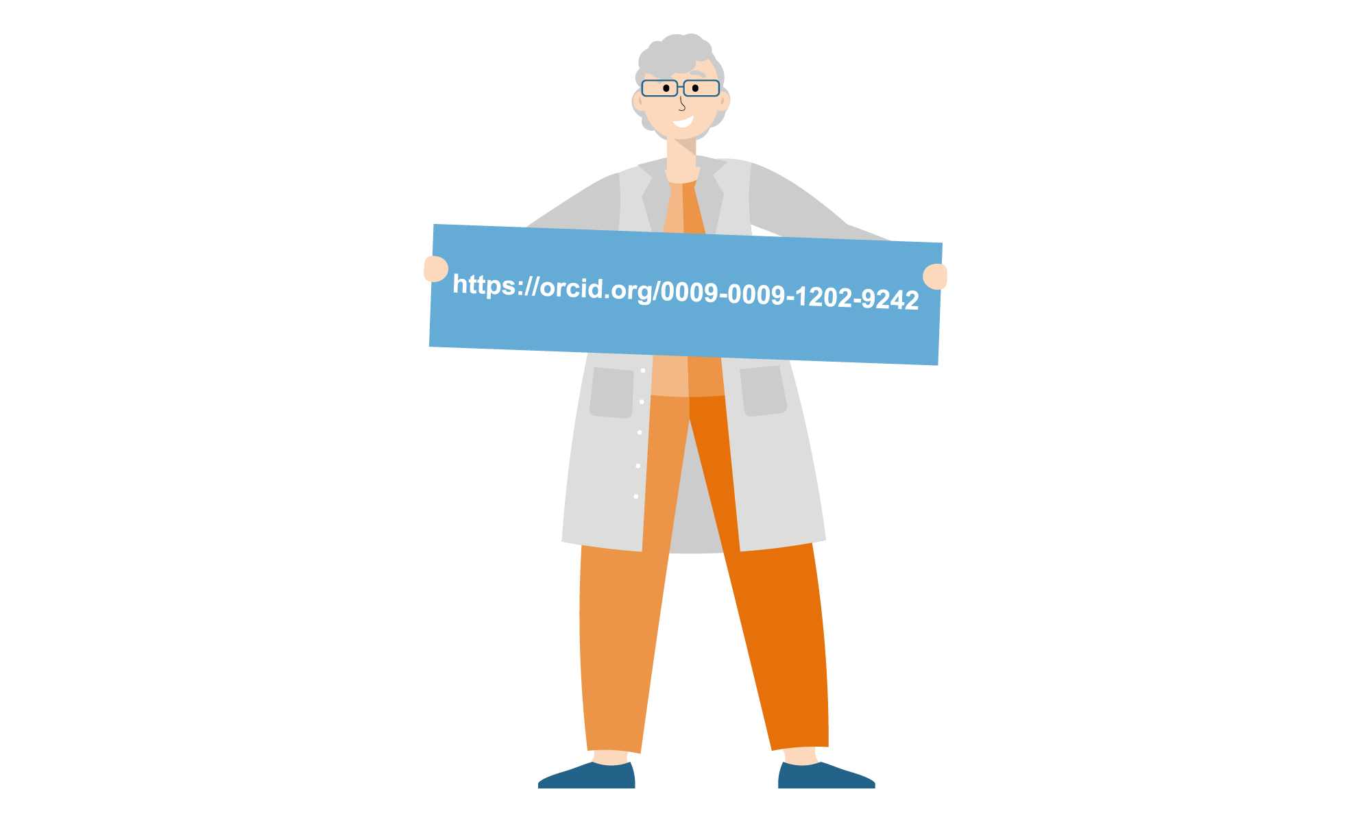 Dr. Durchblick hält ein Plakat mit der Aufschrift seiner ORCID-ID.