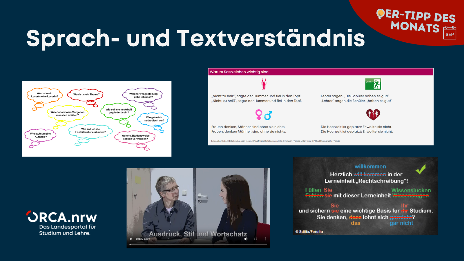 Sprach- und Textverständnis, mehrere Screenshots aus dem Online-Kurs