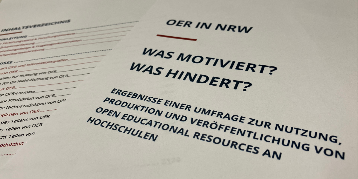 Foto des Deckblatts der OER-Umfrage mit dem Titel: OER in NRW - Was motiviert? Was hindert?