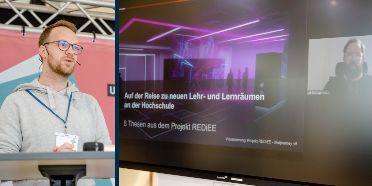 Tobias Scheeder links, rechts daneben der Monitor mit Text: "Auf der Reise zu neuen Lehr- und Lernräumen an der Hochschule", daneben ein Bild von Bastian Koch