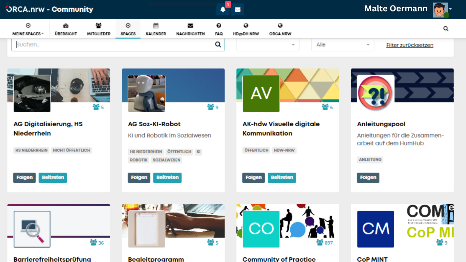 Screenshot der Orca Webseite zum Thema communitxy space