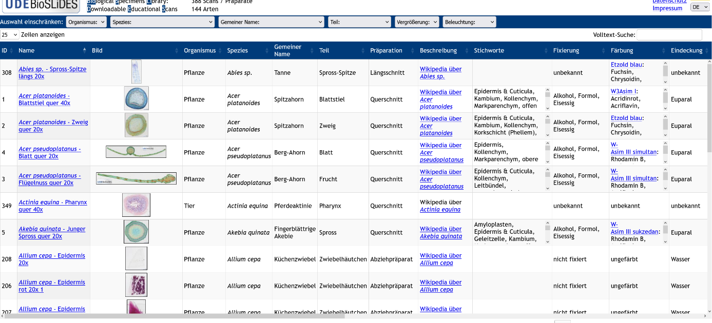 Screenshot von der Webseite UDE BIOSLiDRS