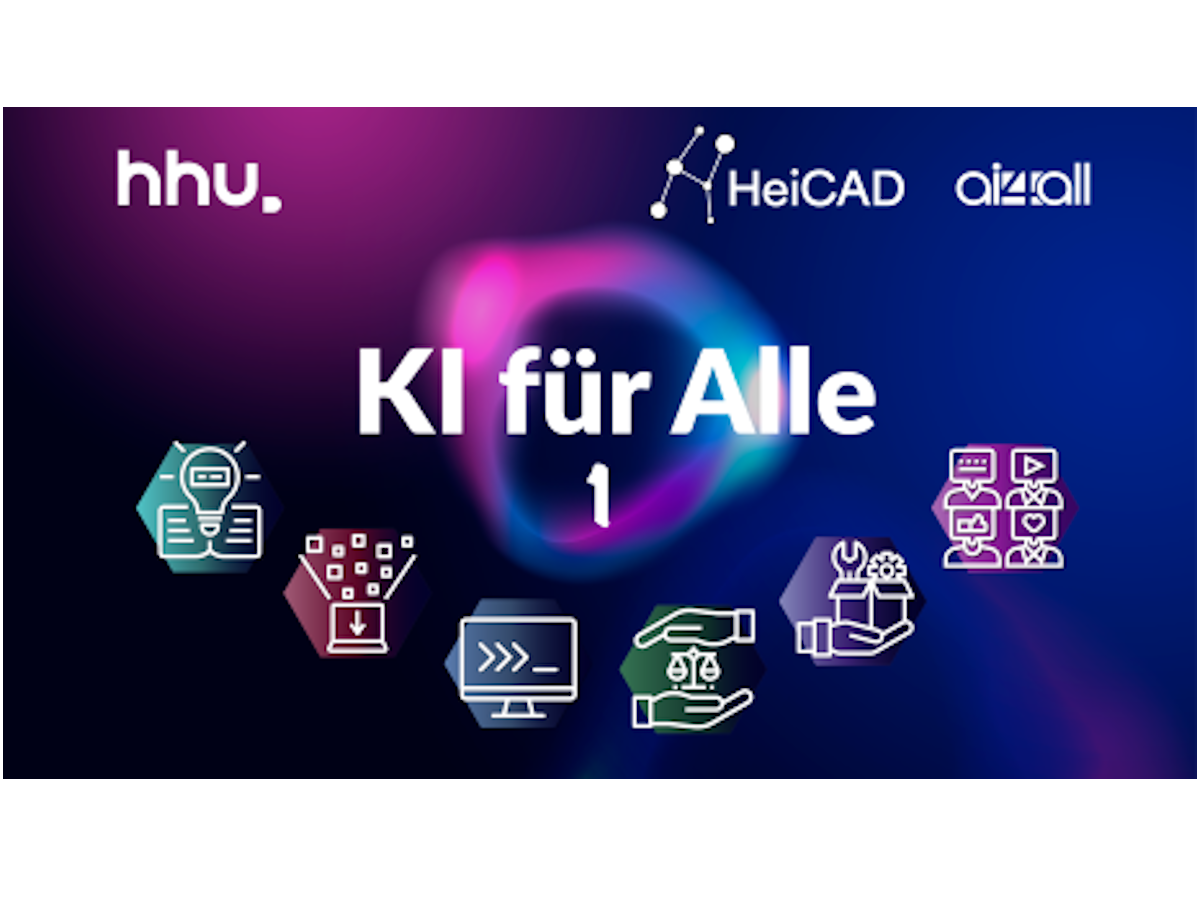 Es handelt sich um ein exemplarisches Bild für die Selbstlernangebote, die von KI:edu.nrw empfohlen werden. In der Mitte steht der Titel "KI für alle 1" in weißer Schrift geschrieben. Im Hintergrund sind violette, blaue und schwarze Farbtöne, die ineinander übergehen. Under dem Schriftzug befinden sich verschiedene Icons, die auf die Inhalte des Kurses hindeuten.