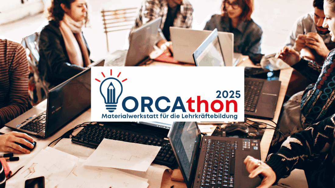 Personen arbeiten an ihren Laptops, auf dem Bild liegt das Logo des ORCAthon 2025