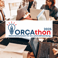 Personen arbeiten an ihren Laptops, auf dem Bild liegt das Logo des ORCAthon 2025