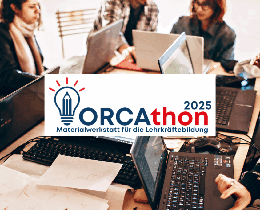 Personen arbeiten an ihren Laptops, auf dem Bild liegt das Logo des ORCAthon 2025