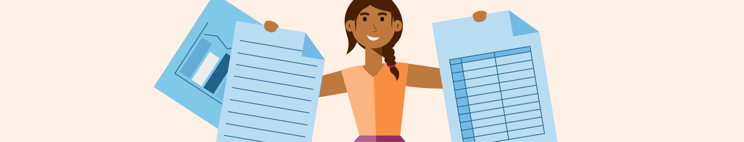 Bild zum Lernbaustein "Schluss mit dem Datenchaos – Wie Forschungsdatenmanagement für Ordnung sorgt" Zu sehen ist eine weibliche Person im Comic-Stil. Die Figur trägt ihre dunklen Haare zu einem Zopf gebunden auf der vom Betrachter aus gesehen rechten Schulter. Sie trägt ein organenes, ärmelloses Oberteil. Die Figur lächelt in die Kamera und hält in den ausgestreckten händen mehrere, überdimensional große und in blau gehaltene Dokumente mit Tabellen, Texten und Diagrammen.