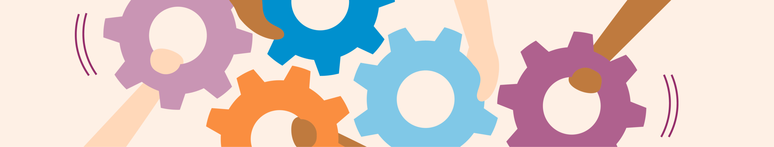 Bild zum Lernbaustein "FAIR Play – Warum Forschungsdaten Management brauchen" Zu sehen sind insgesamt fünf ineinander greifende Zahnräder in unterschiedlichen Farben. Jedes zahnrad wird von einer Hand festgehalten. Rechts und links im Bild wird durch Linien angedeutet, dass die Zahnräder sich bewegen. Der Hintergrund des Bildes ist in einem Blassrosa gehalten.