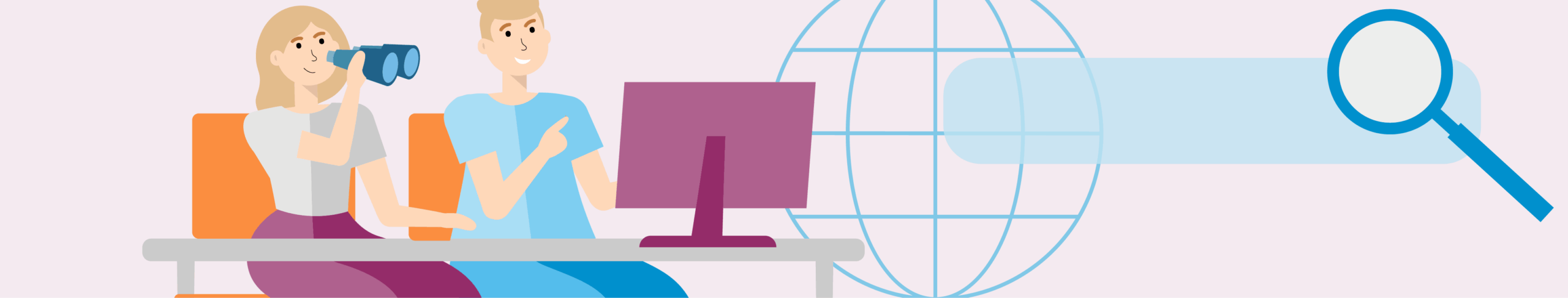 Bild zum Lernbaustein "Datenrecycling – Wie Forschungsdaten nachgenutzt werden können" Zu sehen sind im linken Bildabschnitt zwei Figuren im Comic-Stil, die an einem Schreibtisch sitzen und auf einen Computer-Monitor blicken. Der Computermonitor ist in einem kräftigen Violett gehalten, befindet sich im mittleren Bildabschnitt und steht auf dem Schreibtisch, an dem die beiden Personen sitzen. Die linke Person blickt mit einem Fernglas auf den Computer-Monitor. Sie sitzt auf einem organenen Stuhl und trägt graue und vieolette Kleidung. Die rechte Person zeigt mit einer auf den Computer-Monitor. Sie trägt Kleidung in unterschiedlichen Blautönen. Beide Figuren lächeln. Rechts neben dem Monitor sind im rechten Bildabschnitt in verschiedenen Blautönen und in überdimensionierter Größe die Gitternetzlinien einer Weltkugel, die Suchleiste eines Internetbrowsers und eine Lupe zu sehen. Der Hintergrund des gesamten Bildes ist in einem schwachen Violett gehalten.