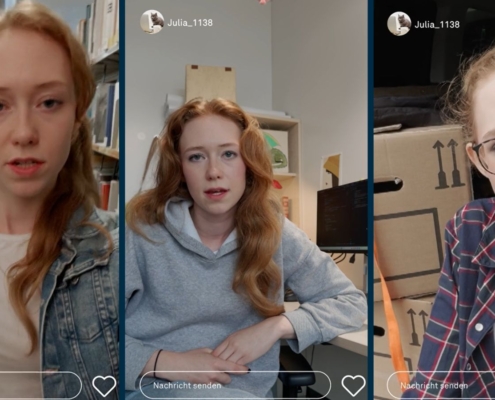 Screenshots von drei Social-Media-Beiträgen von Protagonistin Julia