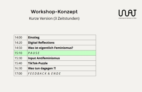 Zu sehen ist eine tabellarische Übersicht eines möglichen Workshops, bei dem die ULAT-Materialien genutzt werden.
