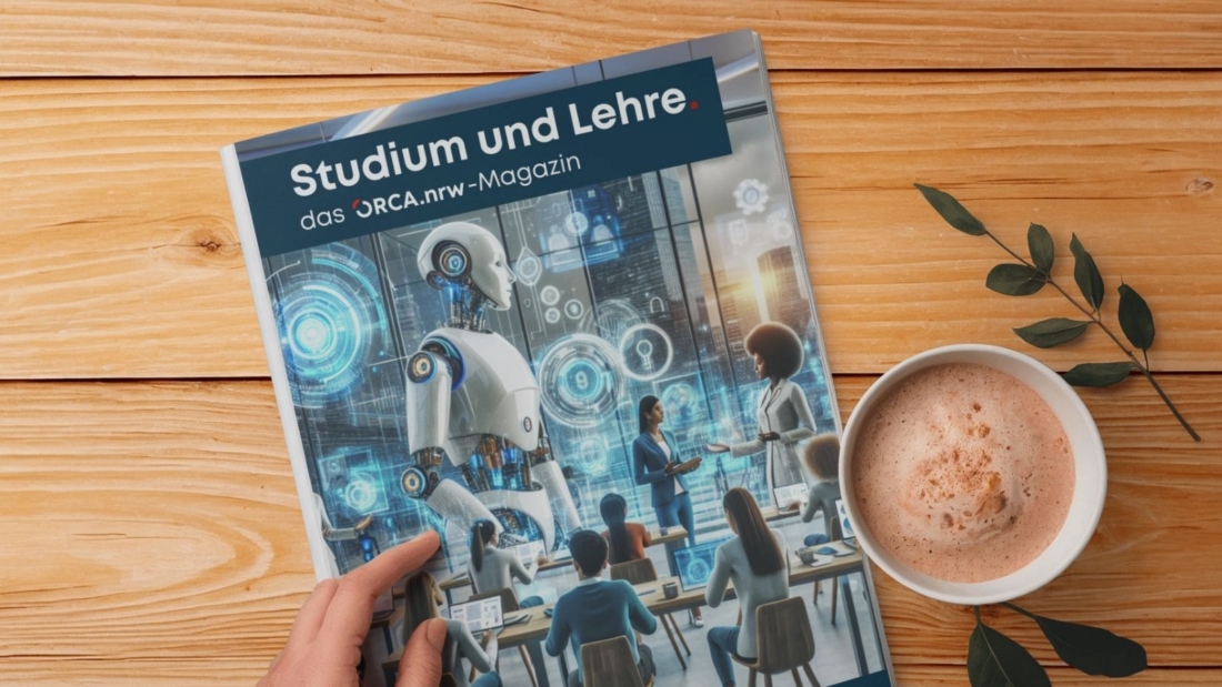ORCA.nrw-Magazin auf einem Tisch, daneben steht ein Kaffee