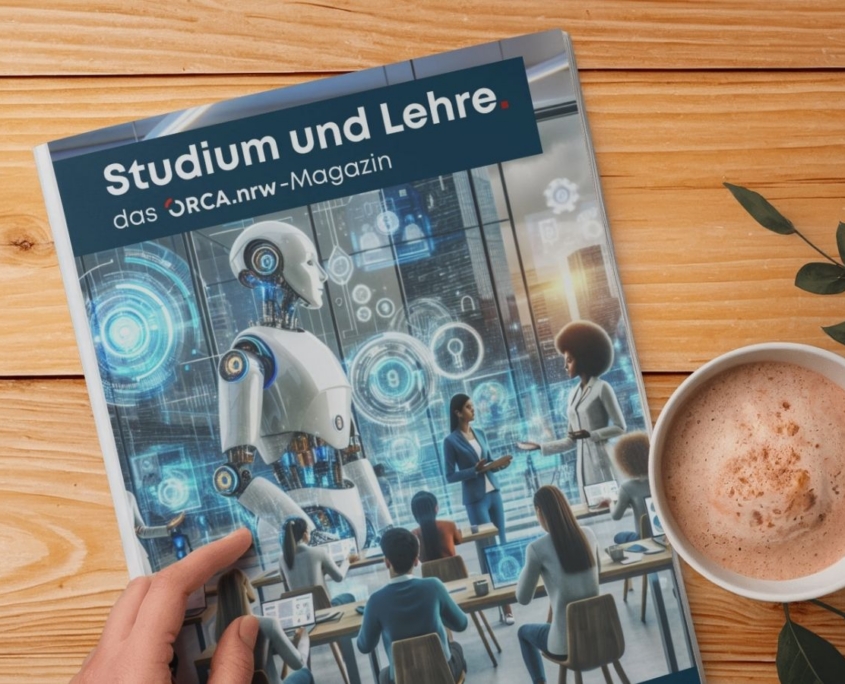 ORCA.nrw-Magazin auf einem Tisch, daneben steht ein Kaffee