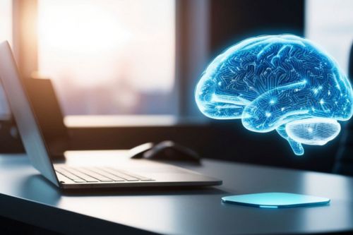 Gehirn im AI-Stil vor einem Rechner